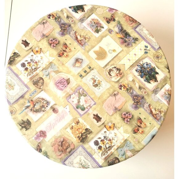 Maxi Size! Vtg Shabby Chic Hat Box Cardboard w/ Rope Handle, 15.25" Floral - Picture 2 of 8